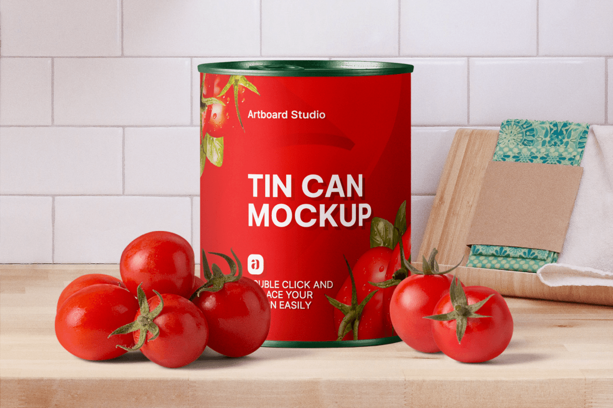 Free for commercial use high quality images Tomato Sauce Tin Can Mockup Scene